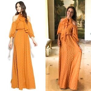 SHOSHANNA Silk Chiffon Metallic Dot Shoulder Cutout Puff Sleeve Tie Neck Dress 0